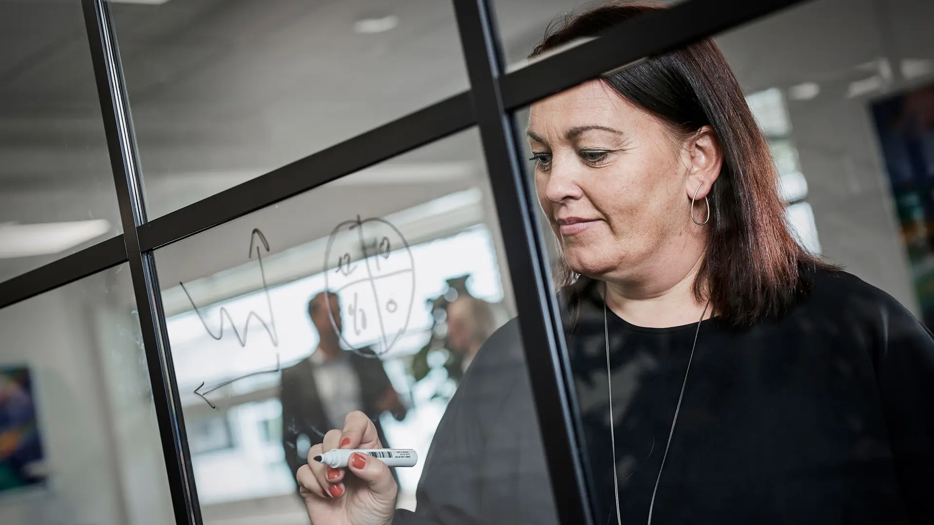 Private Banking rådgiver tegner på vindue for at illustrere investeringsmuligheder