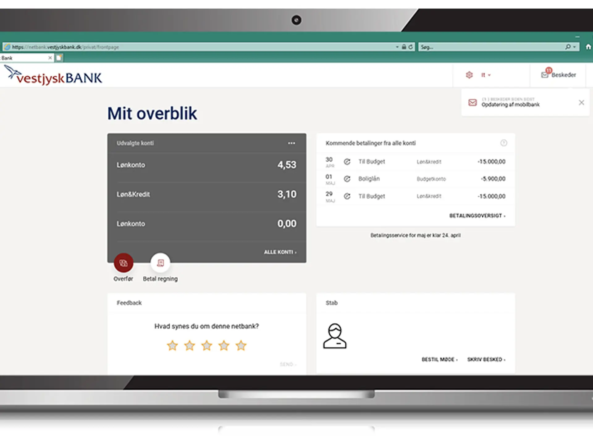Vestjysk Banks netbank oversigt med Lønkonto, overførsler, budget og boliglån vises på en Macbook. 