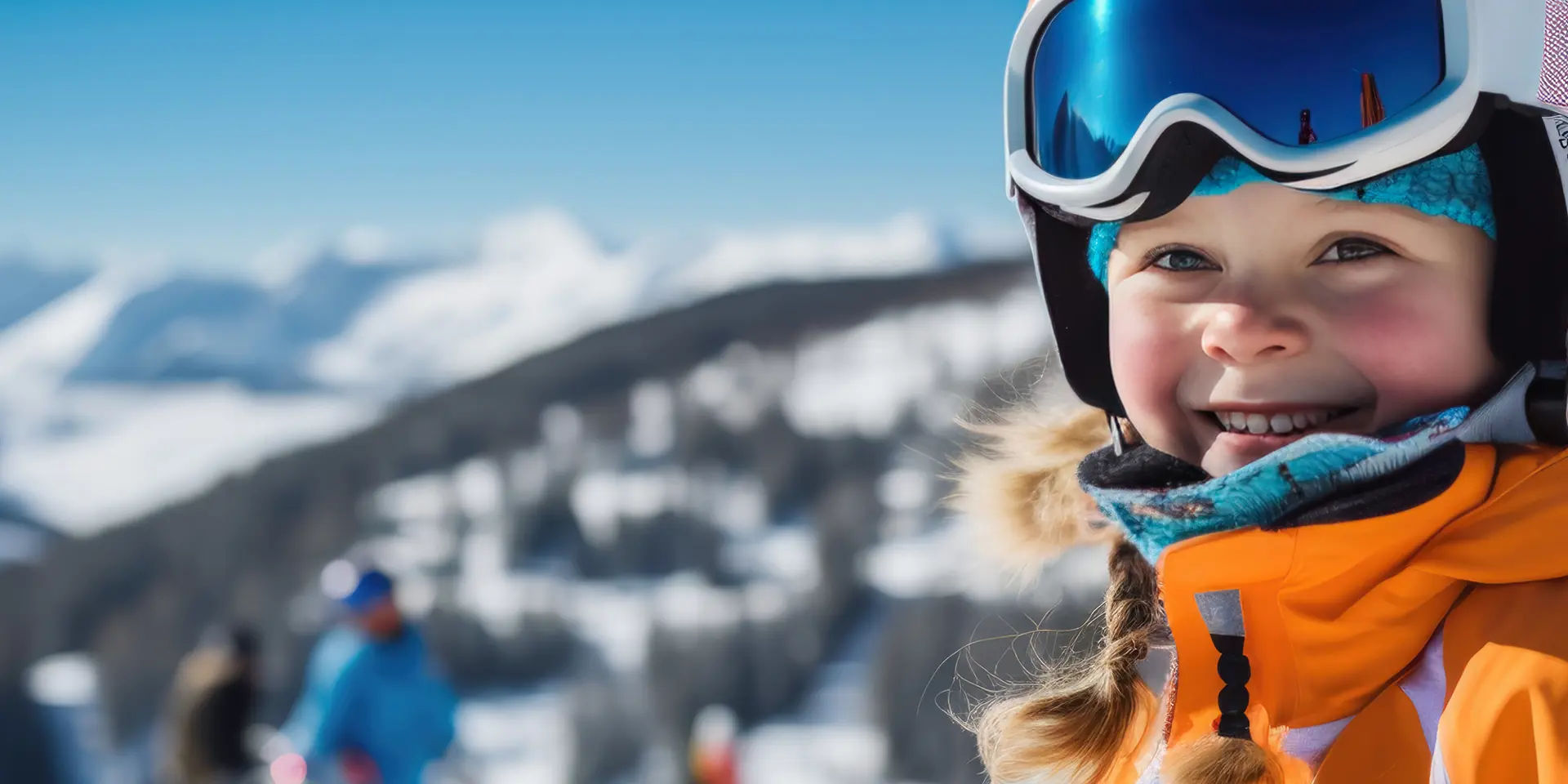 Barn med orange skijakke og blå skibriller, står i solen og smiler