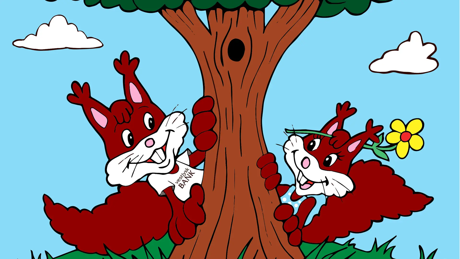 2 animerede egern stikker deres hoved frem fra et træ ude i skoven, med en blå himmel i baggrunden.