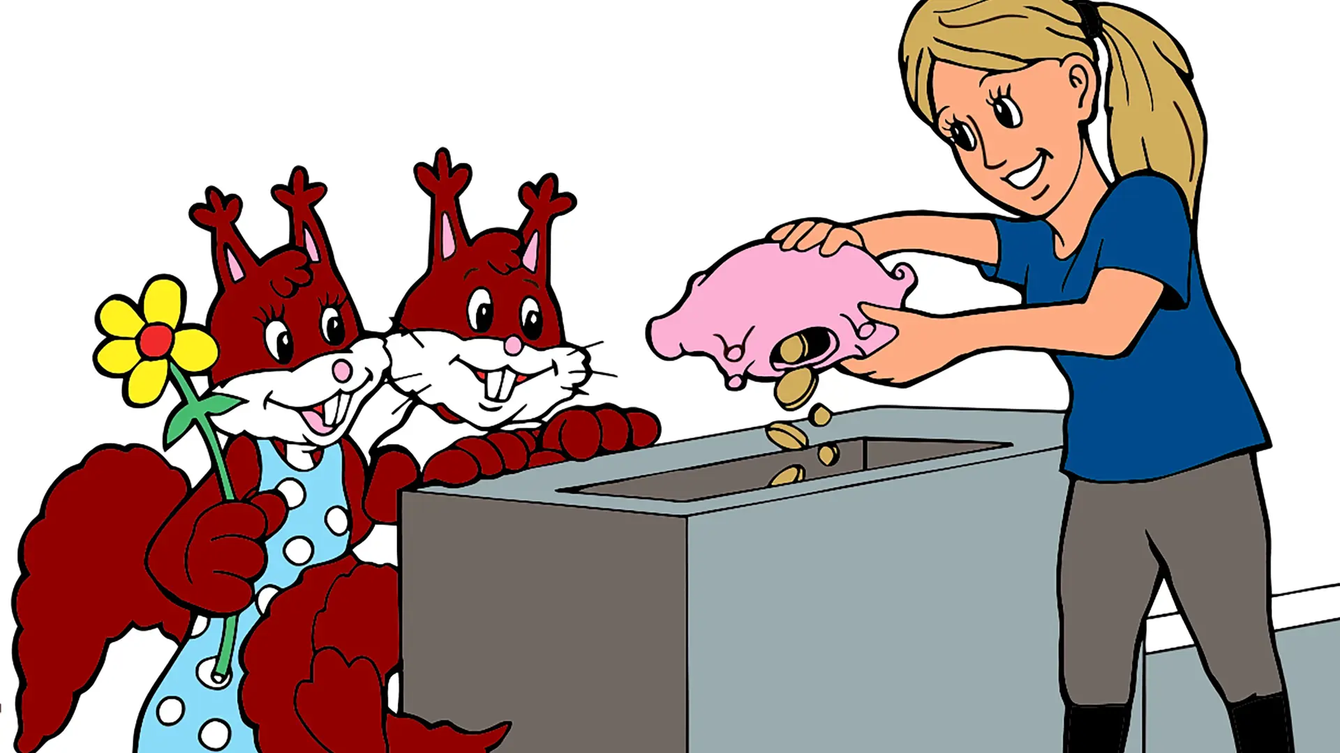 2 animerede egern er i banken, for at få tømt deres lyserøde sparegris af en kvindelig bankrådgiver med lyst hår